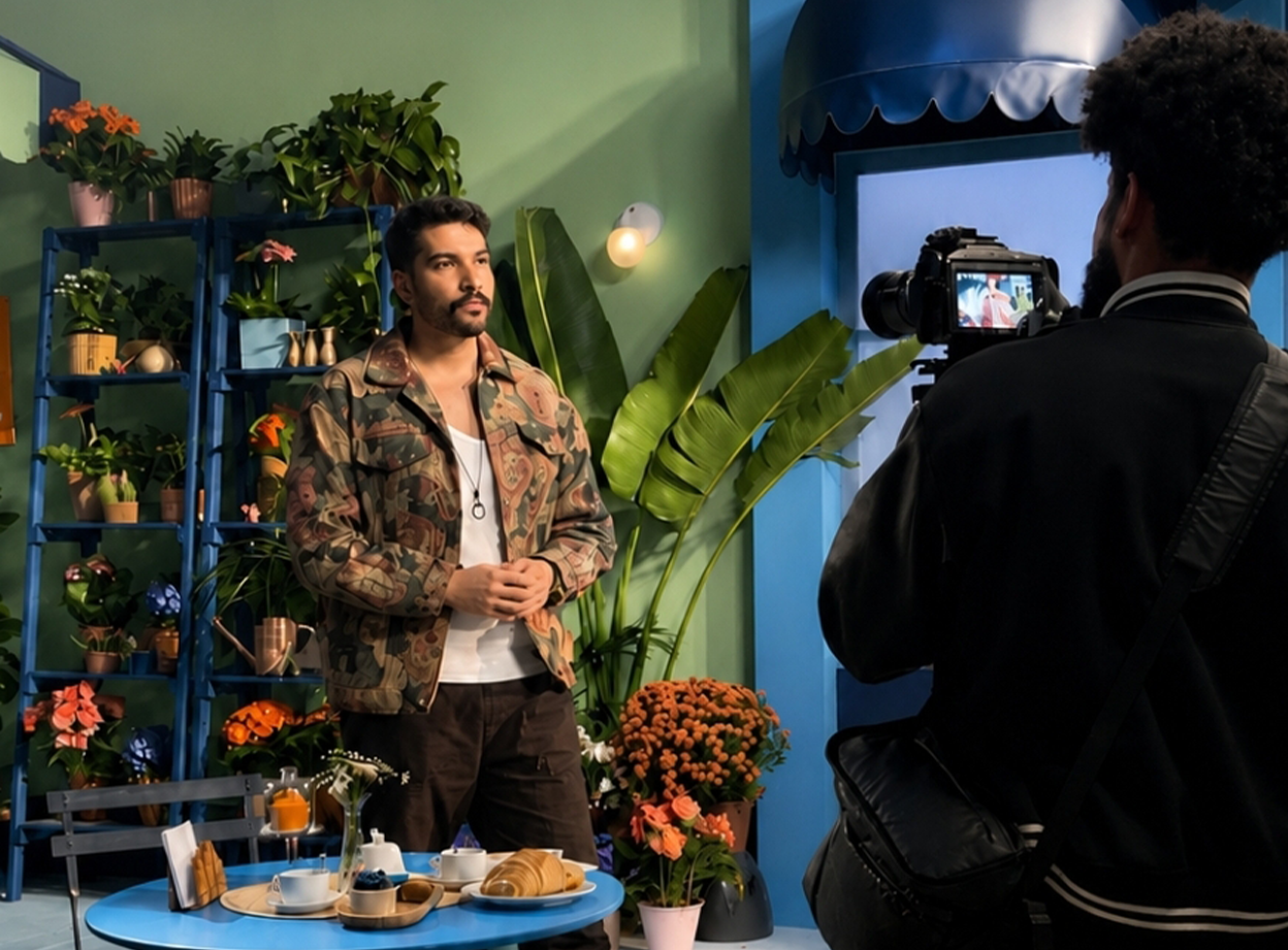 Gui Martins em um set cercado por plantas e objetos de cena